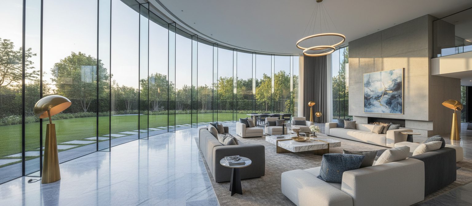Elegant glass-walled interior representing the FrostFlip design philosophy
