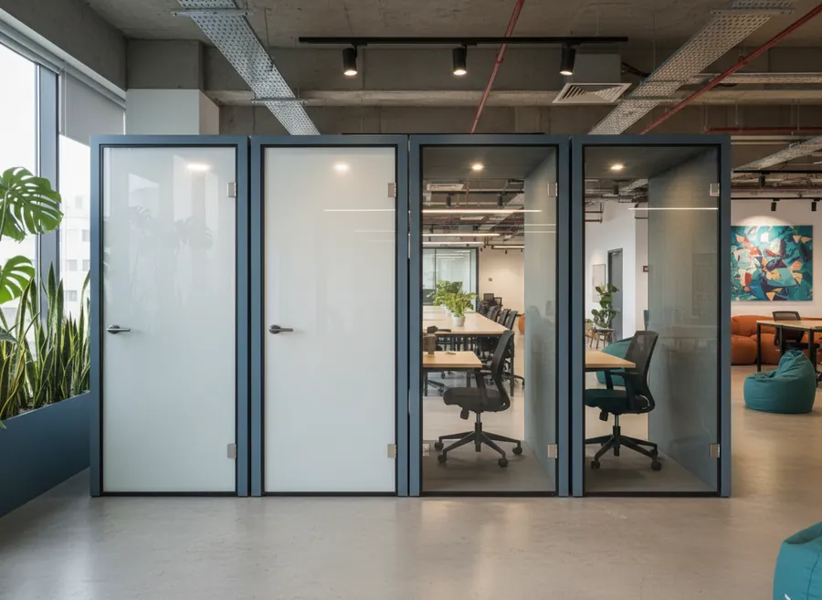 Co-working office collaboration pods with glass walls