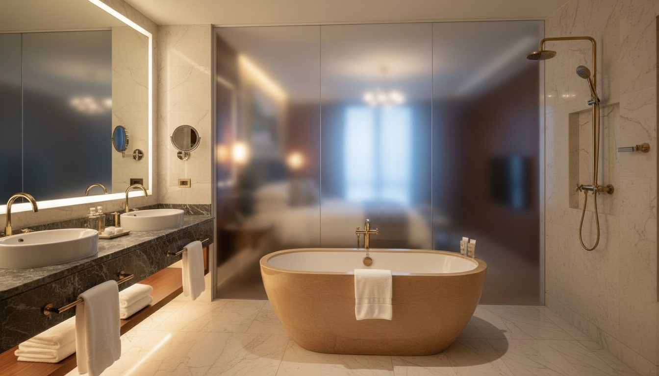 The same hotel suite bathtub glass frosted for privacy