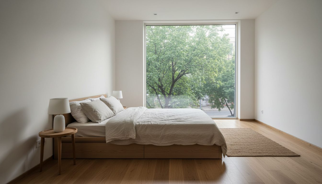 Street-facing bedroom window glass clear, street visible outside