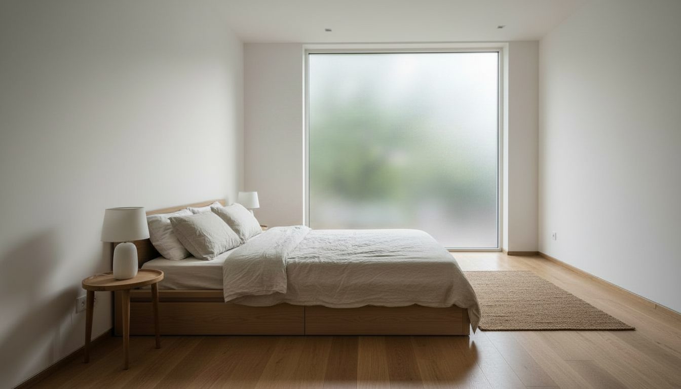 The same bedroom window frosted for privacy from the street
