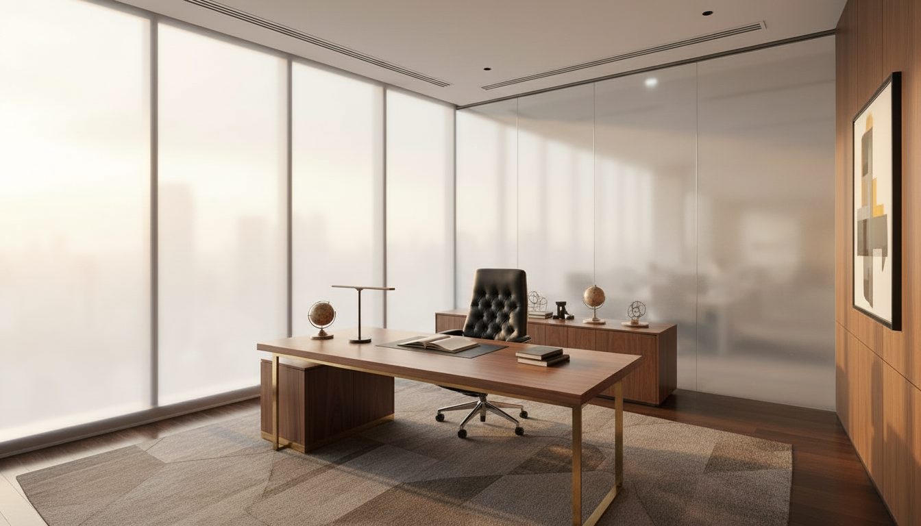 Same cabin glass wall frosted for a private meeting