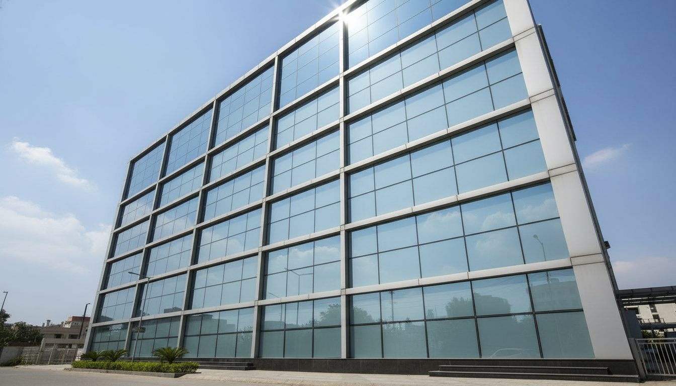 The same facade with panels frosted to cut glare and heat