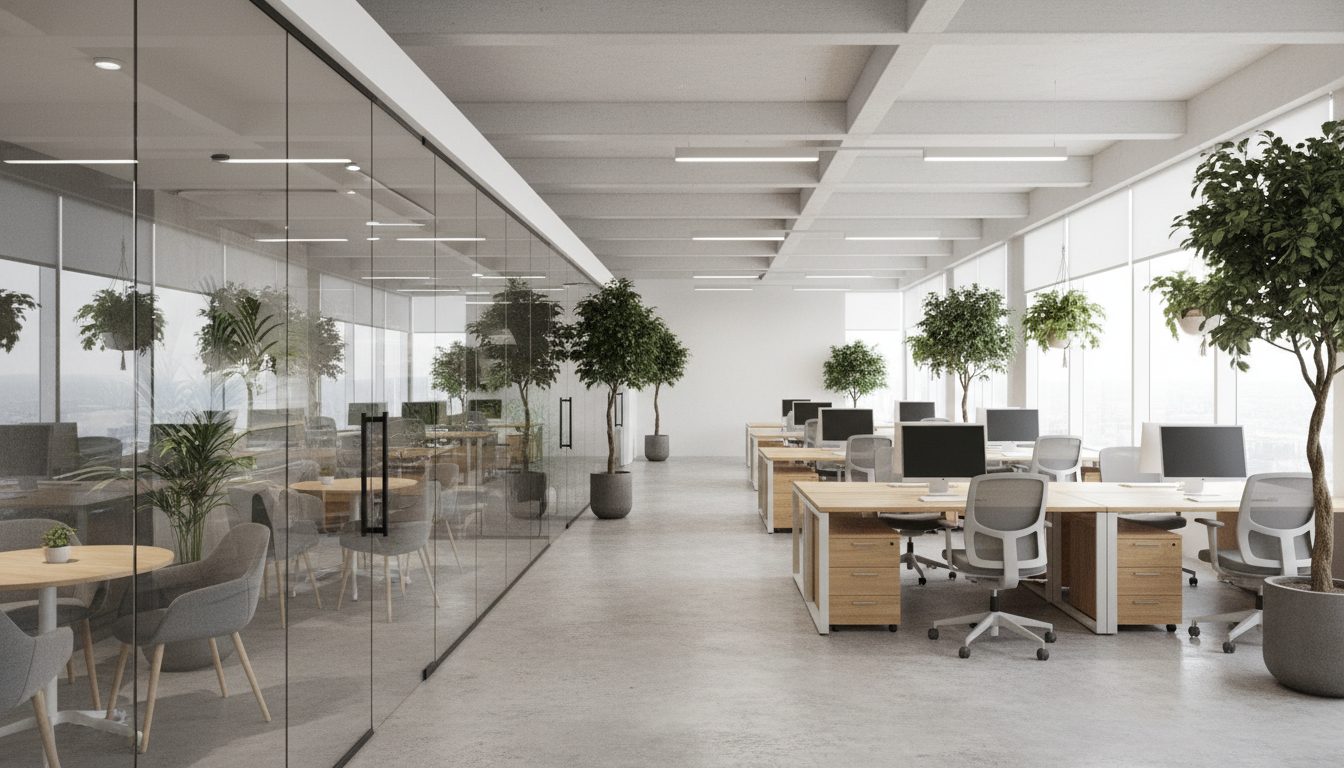 Open-plan office collaboration pod with switchable glass walls