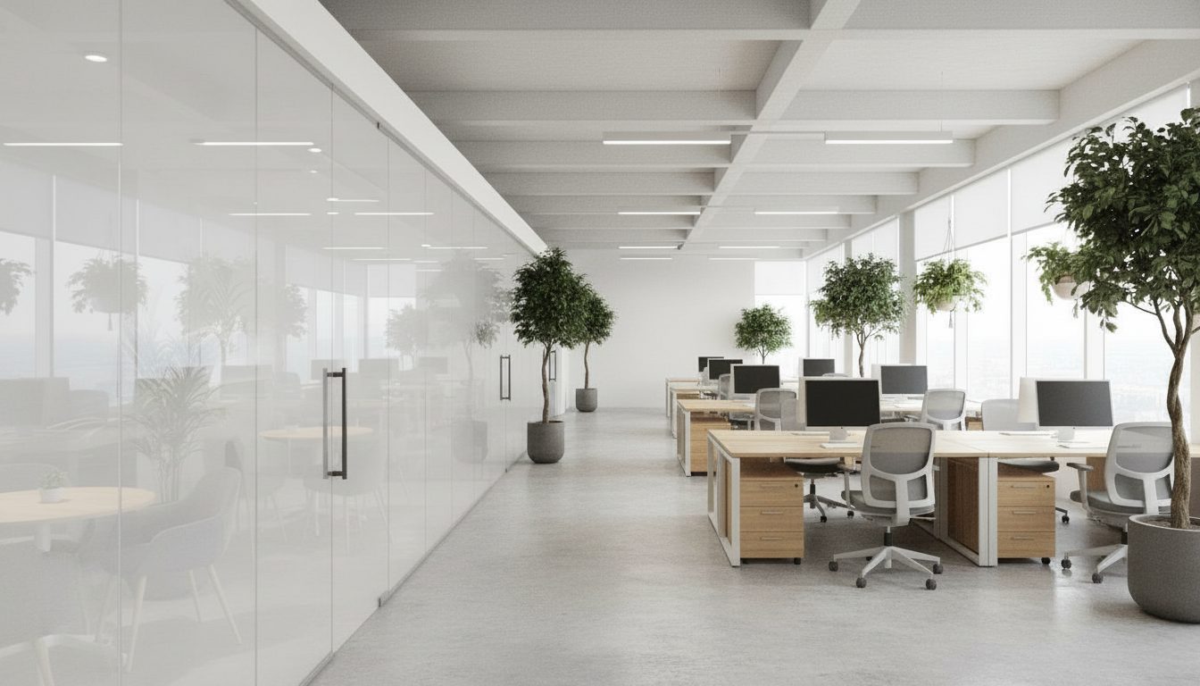The same office with the meeting pod glass frosted