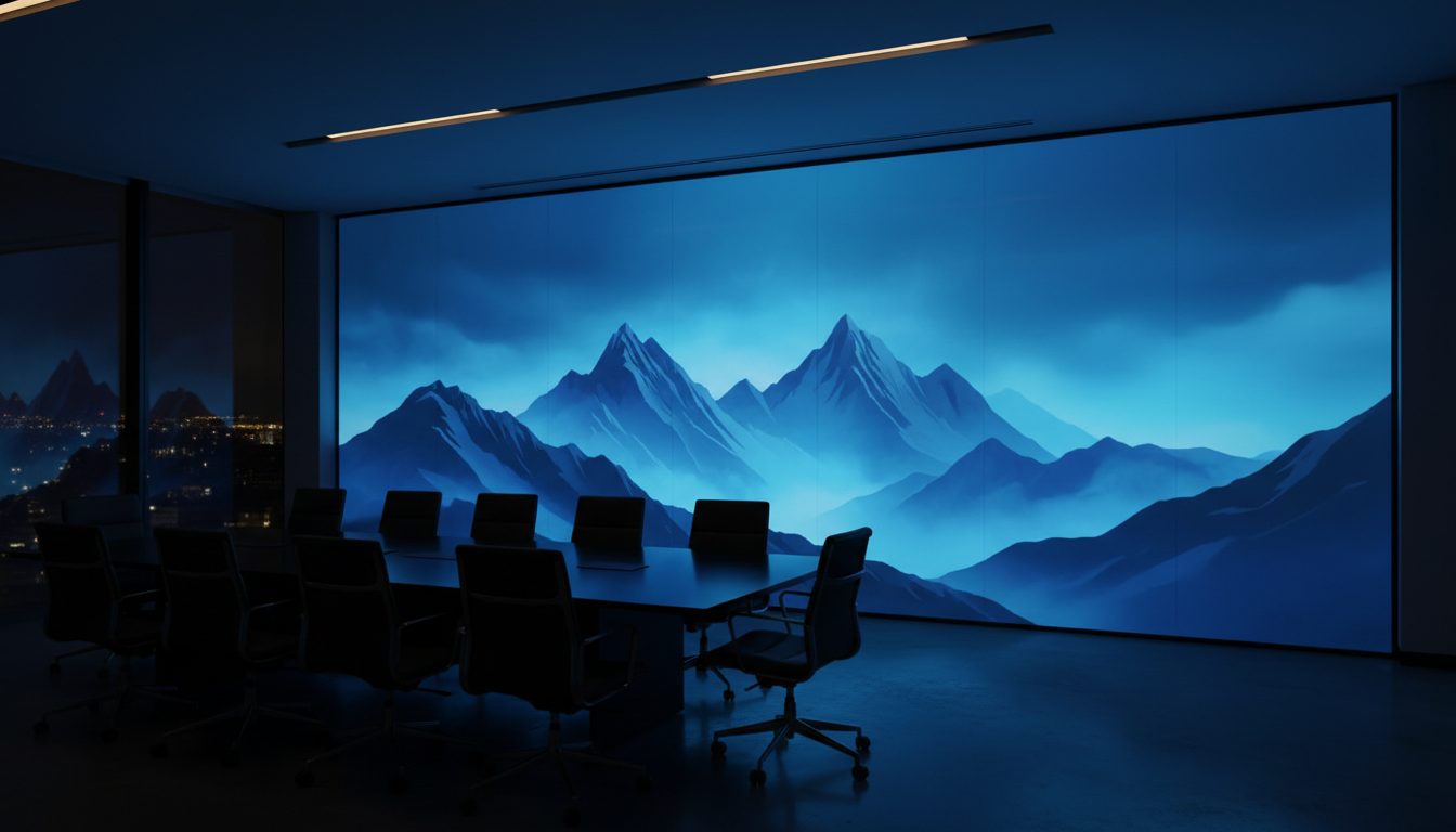 Glass wall frosted at night doubling as a rear-projection screen